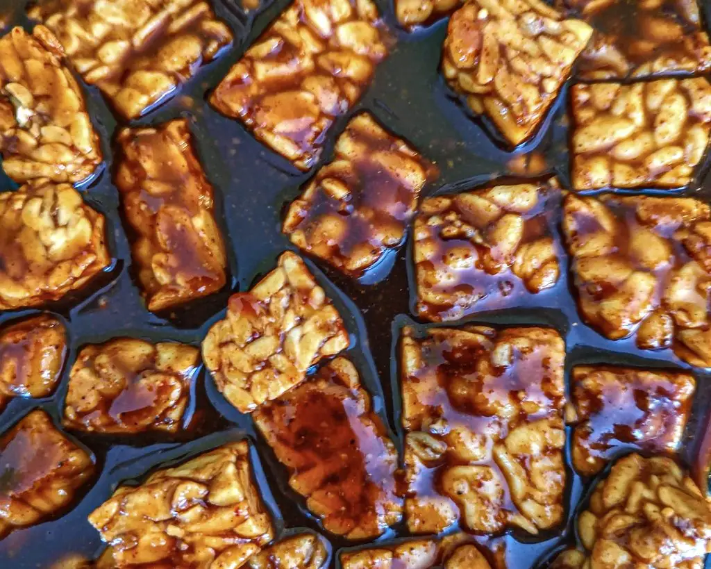 Smoky Marinated Tempeh - tempeh cubes marinating in a savory brown sauce.
