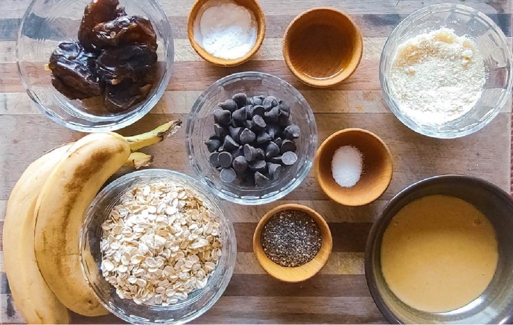 Ingredients for Vegan Chocolate Chip Muffins.